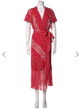 Tanya Taylor 100% Silk Red Floral Wrap Midi Dress with Tie Waist